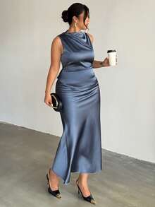 Firerie 大码女士优雅通勤套装，无袖褶皱领高低摆条纹衬衫搭配褶皱腰身超长鱼尾中长裙，蓝色缎面套装，优雅通勤女装，春夏秋季皆宜，风格优雅，通勤，性感，波西米亚风，音乐节，浪漫，约会，派对，婚礼季，毕业礼服，舞会礼服，演出服，演唱会服装，工作服，返校季，女士度假装，女士生日装，女士教师装 - 藍色 - 查看 5