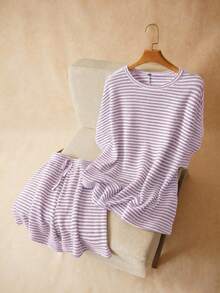 Elaquor Conjunto de 2 piezas talla grande: Camiseta y pantalones cortos de verano - Púrpura malva - Ver 3