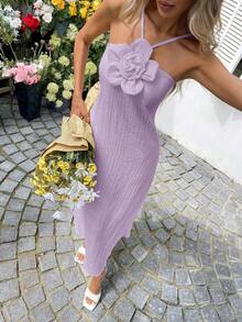 Sylviya 女士休闲3D立体花卉吊带开衩连衣裙，度假风 - 淡紫色 - 查看 3