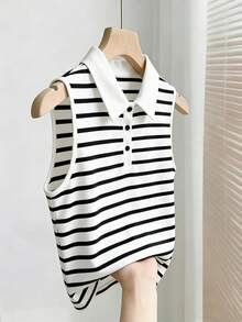 Franclia 2026新款条纹撞色纽扣背心，衬衫领半开襟设计，休闲通勤简约学院风无袖女式上衣 - 黑與白 - 查看 5