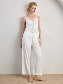 Ocili 两件套波西米亚风蕾丝V领系带吊带背心和睡裤睡衣套装，舒适女士睡衣 - 白色 - 查看 2