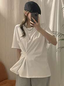 DAZY Women's White Round Neck Loose Fit Casual T-Shirt - White - View 2