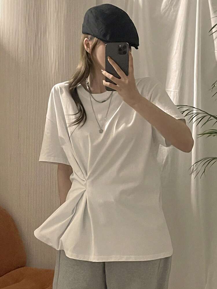Women's White Round Neck Loose Fit Casual T-Shirt