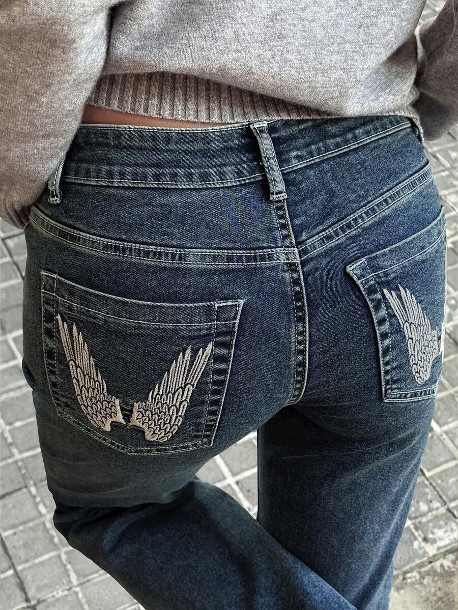 DAZY Women's Backpocket Wing Embroidery Slim Flare Jeans, Casual & Sexy - Medium Wash - View 1