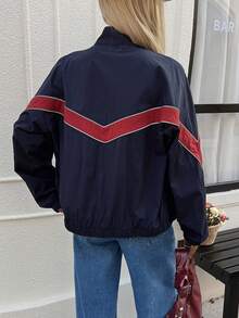 DAZY Women's Stand Collar Long Sleeve Loose Open Front Contrast Color Patchwork Embroidery Casual Street Jacket Y2k - Navy Blue - View 6