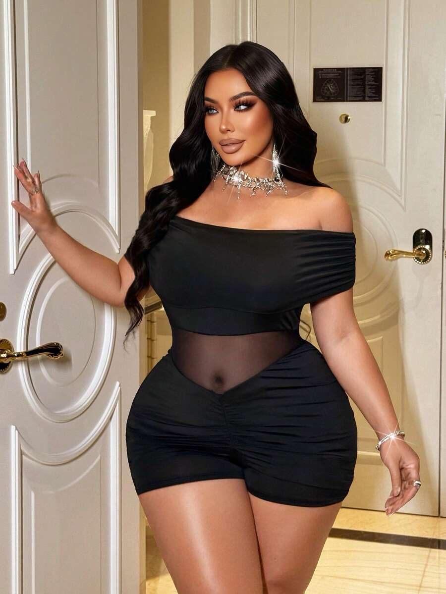 NU&NOW Women's Sexy & Elegant Mesh Off-Shoulder Jumpsuit, Suitable For Daily Wear And Dates, Plus Size - Black - View 1