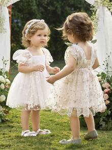 Babygirl Elegant Cute Embroidered Mesh Short Sleeve Princess Dress - White - View 6