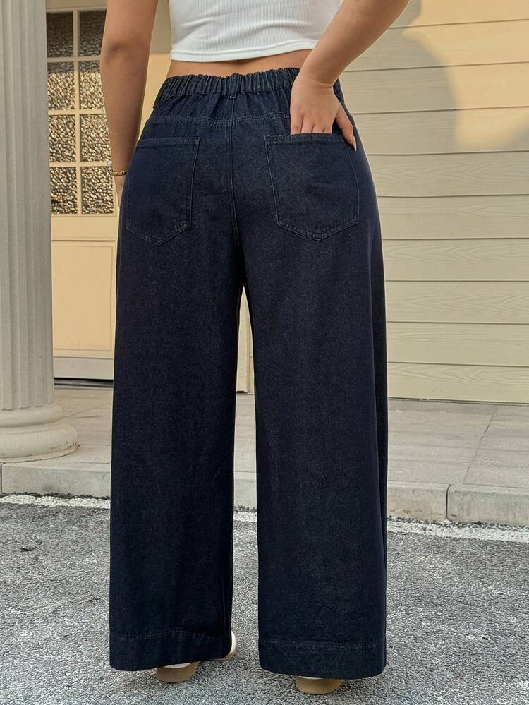 Dazy Plus Plus Size Women Casual Loose Straight Leg Washed Dark Blue Long Jeans, Suitable For All Seasons