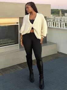 Tyla Gomez Women's Crossed Deep V-Neck Loose Elegant Minimal Sweater,Long Sleeve Tops, Fall And Winter, Casual, White, Longsleeve, Baggy,Knitted Sweater - Apricot - View 6