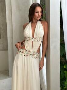 Aloruh 优雅露背网纱针织连衣裙，性感迷人，适合度假穿着 - 淡黃色 - 查看 6