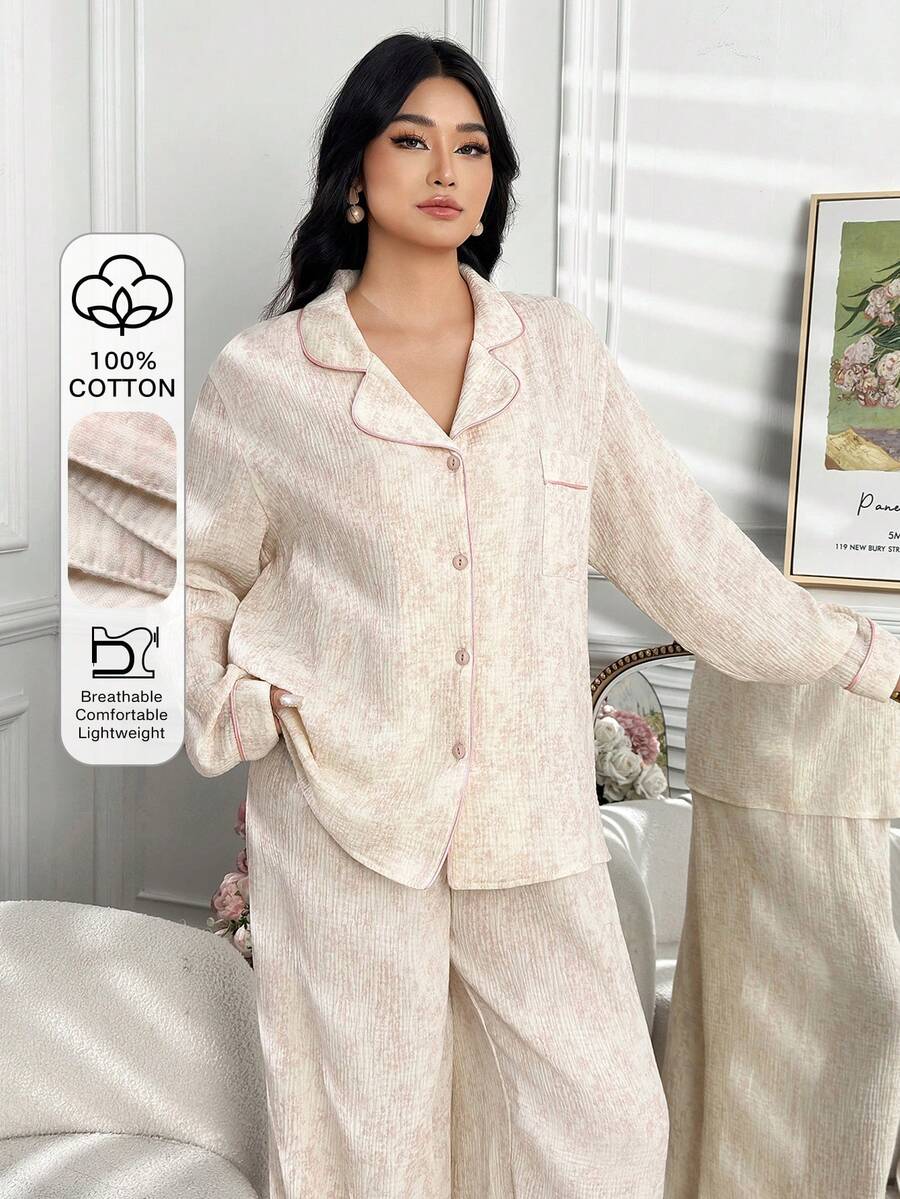 Dazy Plus Elegant Floral Pattern Loungewear 2 Pieces Set, Loose Pocket Lapel Top And Straight Leg Pants, Plus Size Women Spring/Autumn Pajama Set - Yellow - View 1