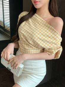 DAZY 女士格子不对称肩短袖T恤 夏季 - 芥末黃 - 查看 6