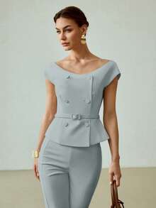 MOTF PREMIUM ELEGANT & FASHIONABLE DOUBLE-BREASTED COMMUTER BLOUSE - Blue - View 6