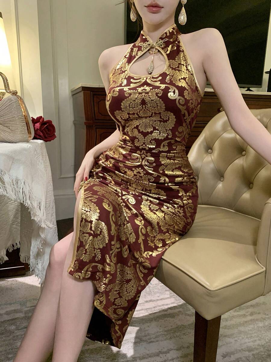 DAZY 夏季女士优雅花卉撞色立领无袖开衩中长连衣裙,东方美学 - 紅色 - 查看 1