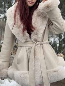 Abrilcols Fuzzy Collar Belted Coat - Beige - View 4