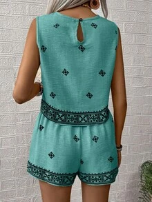 SHEIN LUNE 女士夏季度假印花背心和短裤两件套 - 水鴨藍 - 查看 2
