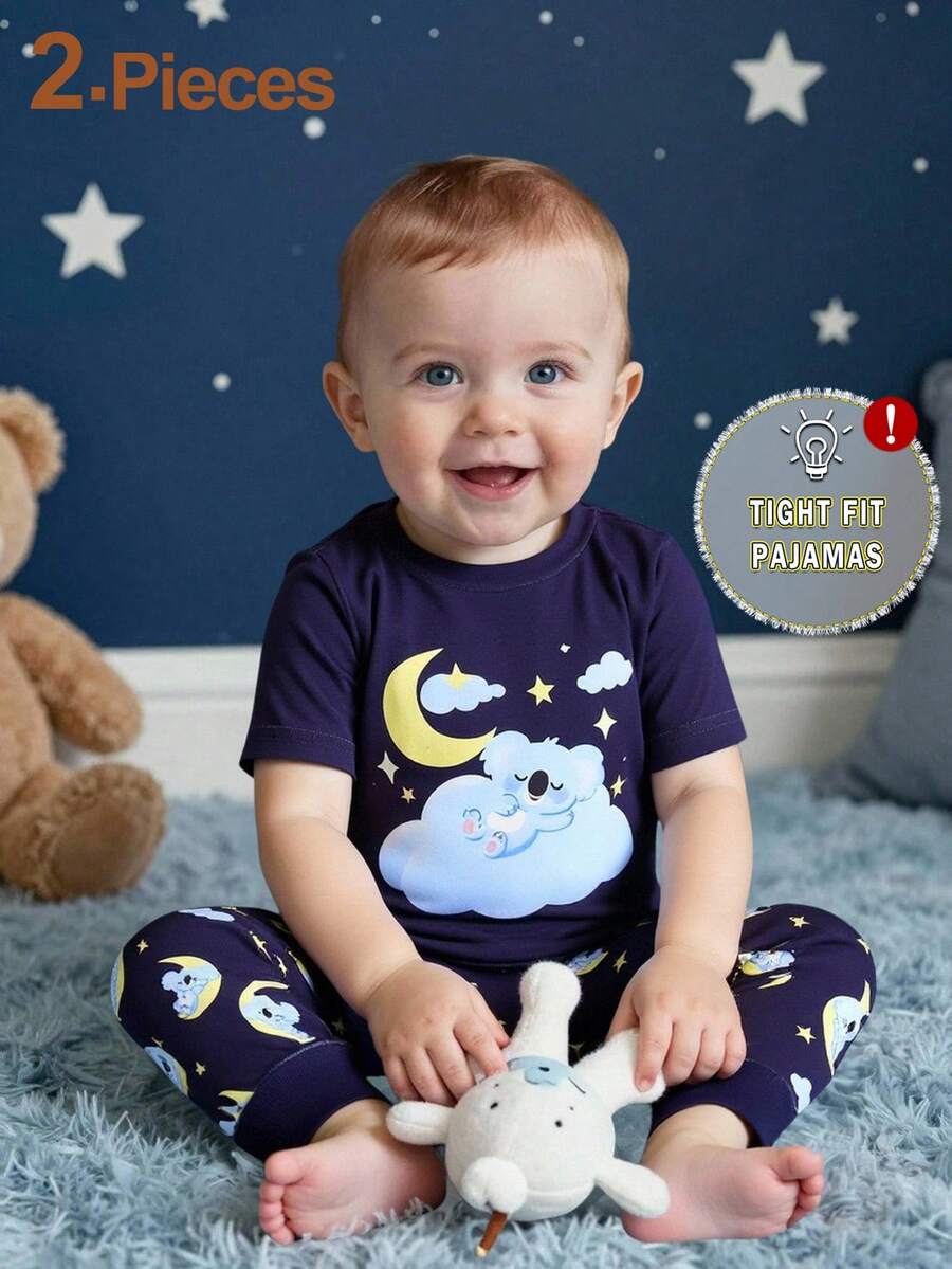 SHEIN Bộ đồ ngủ ngắn tay cổ tròn dáng ôm màu xanh dương, thoải mái, họa tiết voi và trăng dễ thương cho bé trai, thích hợp cho mùa xuân/hè. - màu đen - Xem 1