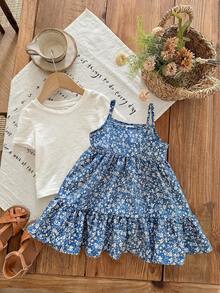 SHEIN LMoss Kids 女婴夏季可爱碎花吊带连衣裙和短袖针织上衣套装 - 彩色 - 查看 6