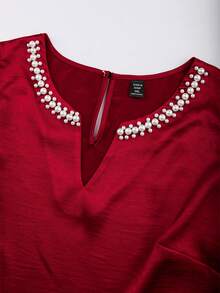 Franclia Plus Size Women's Elegant Summer Satin Pearl Decor Tank Top,Red V-Neck Sleeveless Top For Party,Formal Events,Dates,Maroon Burgundy Wine Red Tops - Burgundy - View 3