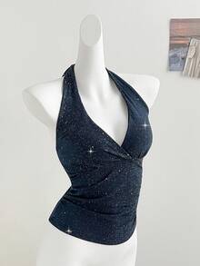 Elamini Women's Halter Neck Glitter Strap Camisole, Sexy Chic Style - Navy Blue - View 3