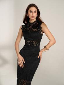 SHEIN Tall 女士单身派对夏季简约优雅白色蕾丝迷你连衣裙，镂空设计和收腰剪裁，适合婚礼季，女士夏季连衣裙 - 黑色 - 查看 6