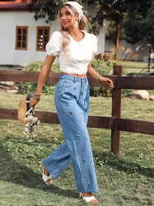 Breezaya Women's Casual Floral Embroidered High Waist Loose Straight Leg Jeans - Medium Wash - View 6