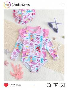 Baby Girl Cartoon Mermaid Print Ruffle Edge Long Sleeve Cute Beach One-Piece Swimsuit - Multicolor - View 6