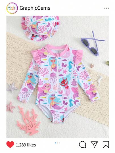 Traje de baño de una pieza con estampado de sirena de dibujos animados, manga larga y volantes para bebé niña