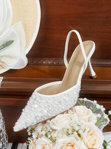 CUCCOO HITCHD Women's Fashionable Elegant Party Sequin Pointed Toe High Heels Elegant Shoes Wedding Shoes Summer Shoes Bride Shoes - White - View 11