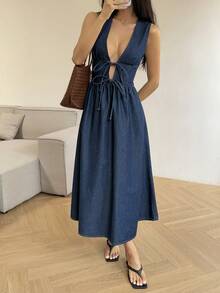 DAZY Đầm denim dài không tay cổ chữ V buộc dây kiểu dáng nghỉ mát dành cho nữ - Rửa tối - Xem 6