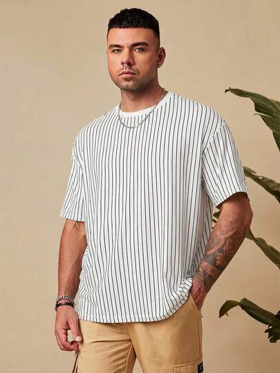 EASEVO Plus Size Men's Casual Striped Print Short Sleeve T-Shirt, Suitable For Summer, Vacation And Daily Commute