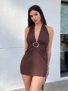 Maca Silvats 女士性感露背挂脖迷你连衣裙，夏季 - 棕色 - 查看 3