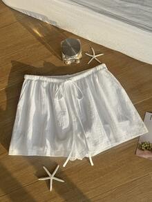 Comfortcana Plus Size Casual Loose Drawstring Solid Color Shorts, Spring/Summer Cotton Shorts Comfortable Shorts Drawstring Shorts - White - View 8