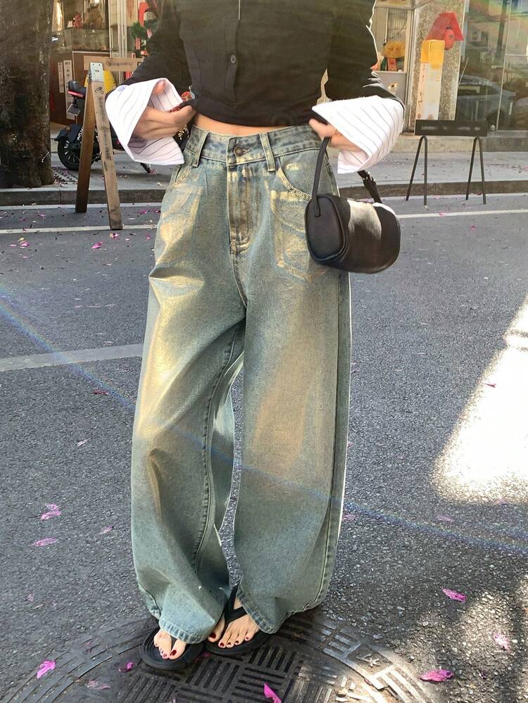 Women's High Waist Pockets Wide Leg Loose Casual Jeans