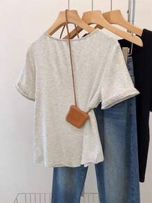 INAWLY 女士时尚休闲复古简约森女性感通勤纽扣短袖T恤 - 灰色 - 查看 2