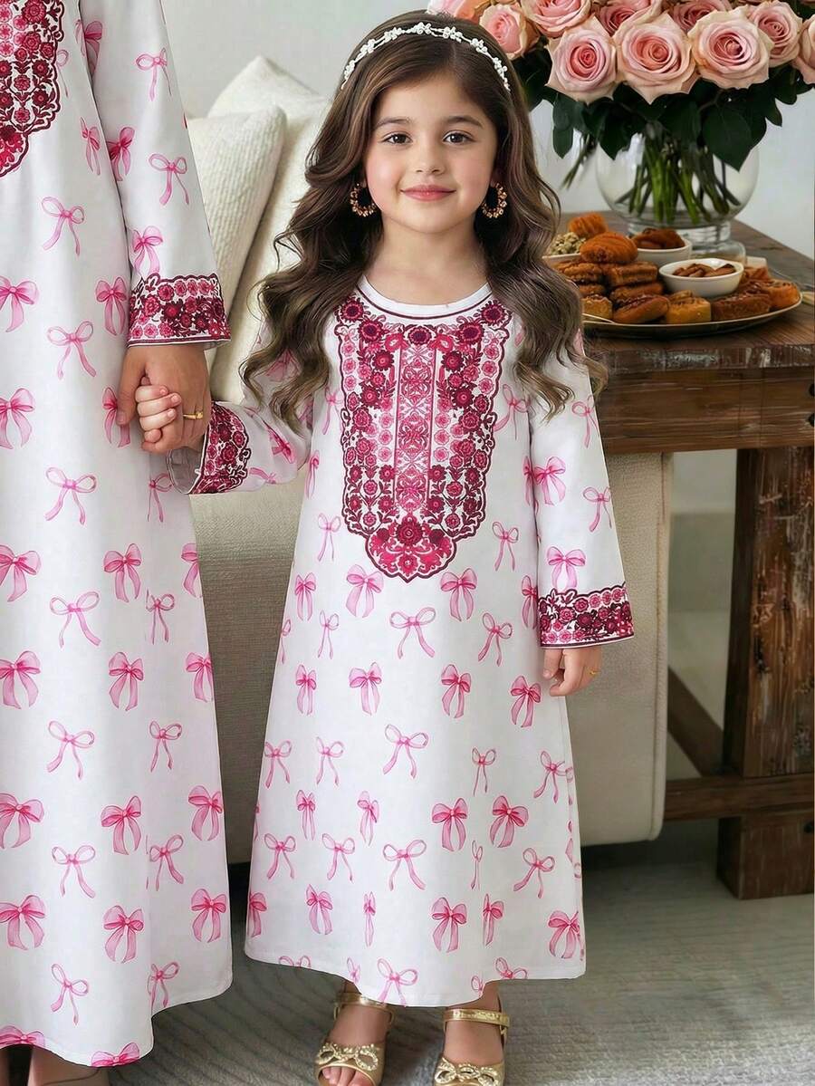1pc Infant Girls' Pink Bow Print Loose Ramadan Robe, Printed Collar Robe - Pink - View 1