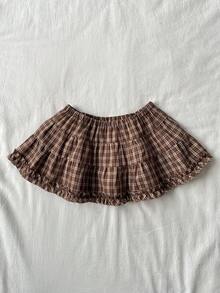 Attitoon Women's Plaid Pattern Ruffle Hem Elastic Waist Cute A-Line Skirt - Coffee Brown - View 2