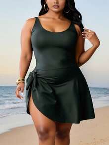 SHEIN CURVE+ Plus Size Women's Plain & Simple Daily One-Piece Swimsuit Summer, Solid Color Swimsuit,Swimsuit For Beach Holiday,Summer For Holiday Swimming - Black - View 4