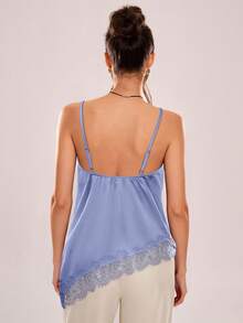 Avenya Women's Summer Beach Vacation Satin & Contrast Lace Asymmetrical Hem Camisole - Blue - View 4