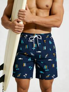 Manfinity Swimmode Men's Summer Vacation Fish Print Drawstring Waist Beach Shorts - Navy Blue - View 1
