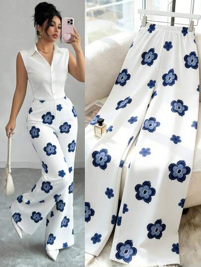 Elenzga New Cream Floral Elegant Design Elastic Waist Straight Leg Loose Casual Pants, Versatile Daily Wear For Women