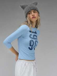 COUREZ Long Sleeve Jersey Top With Front Graphic Print /Y2K Long Sleeve Tops Going Out Tops Women Tops Winter Clothes For Women Blue Top Graphic Tees Women Cute Tops Summer Tops Summer Outfits - Baby Blue - View 4