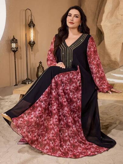 Al Najma Elegant Plus Size Women's Arabic Style Long Sleeve Dress With Random Floral Print, Embroidery, Golden Beads Decor, Vintage Inspired