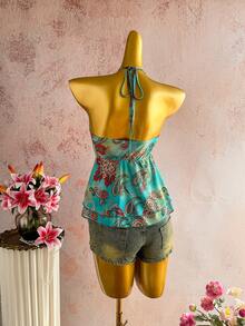 Elamini Women's Casual Vacation Fashion Everyday Versatile Party Bohemian Paisley Mesh Print Multi-Layer Ruffle Tie Neck Bow Camisole Tank Top - Multicolor - View 2