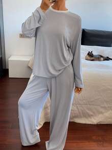 DAZY 2pcs/Set Women Casual Loose Long Sleeve T-Shirt And Pants Suit, Autumn - Blue - View 4