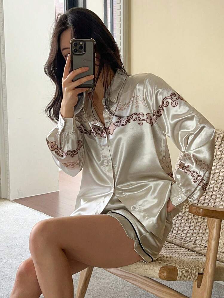 2pcs Floral Print Loose Cardigan Long Sleeve Shorts Pajama Set For Women, Spring