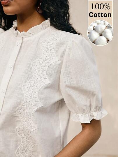 Poéselle Beige Linen Blend Lace Blouse - Puff Sleeve Button Up Top With Slub Texture And Ruffle Collar,Women's Summer Casual Solid Color Lace Trim Puff Sleeve Blouse,Cotton Blouse Woman,French Style Blouses