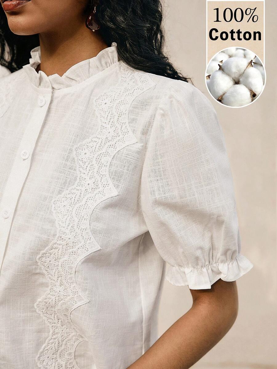 Poéselle 女士夏季休闲纯色蕾丝边泡泡袖衬衫 - 白色 - 查看 1