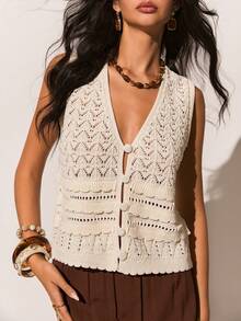 Poéselle 女士波西米亚风钩针编织V领纽扣背心 – 无袖荷叶边下摆夏季上衣外出上衣夏季度假白色上衣 - 米色 - 查看 4
