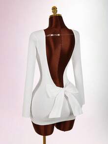Amplova Women's Backless Bowknot Mini Long Sleeve Dress, Red Sexy Sweater Suitable For Dates, Valentine's Day Parties, Casual Everyday Wear White Bow Dress White Sexy Outfit White Dress Long Sleeve White Club Dress Summer Clothes Women - White - View 8